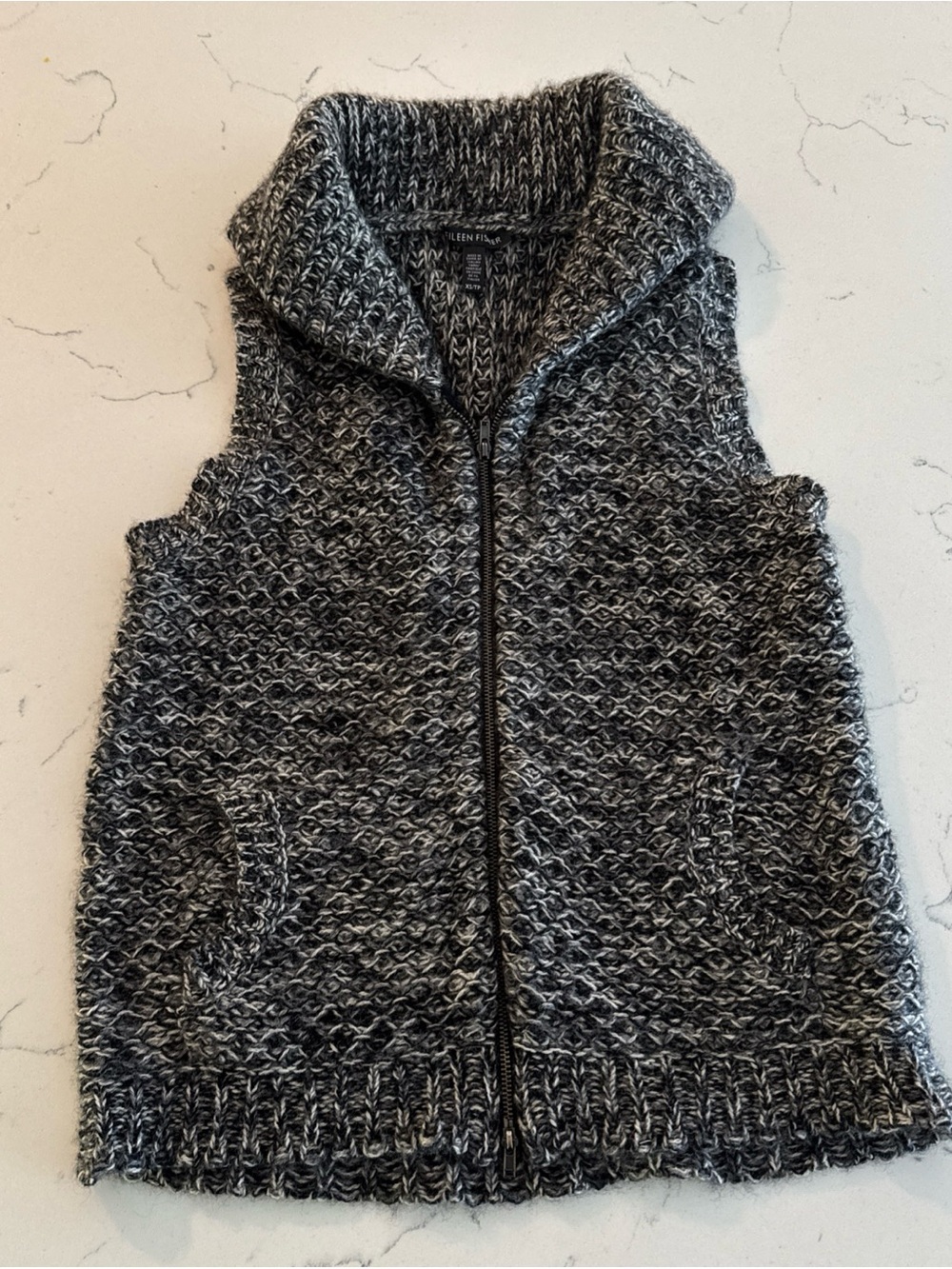 Eileen Fisher Yak Merino Wool Marled Knit Zip-Up Vest - Black & Gray Collared